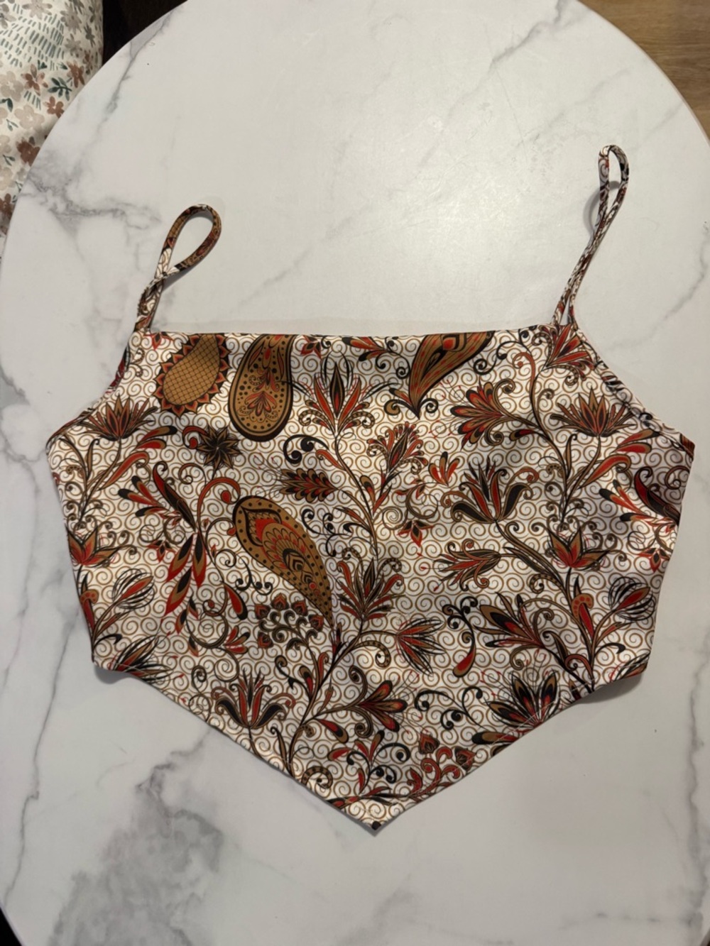 Sincerely Jules Paisley Spaghetti-Strap Crop Top - White with Brown & Orange